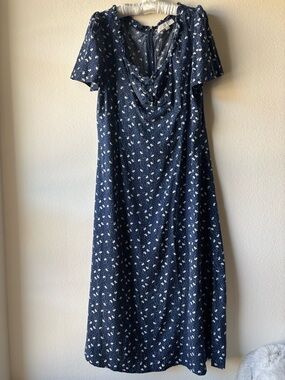 LOFT Navy Floral Milkmaid Midi Dress